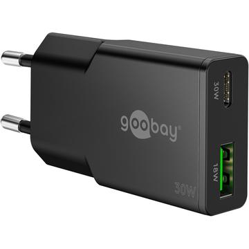 Carregador rápido duplo Goobay Slim USB-C PD GaN 30W - Preto