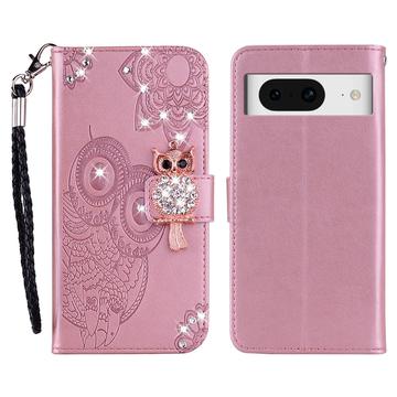 Capa para carteira Google Pixel 8 Owl Rhinestone - Rose Gold