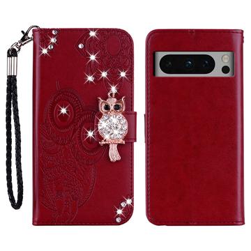 Capa de carteira com strass de coruja para Google Pixel 8 Pro - Vermelho