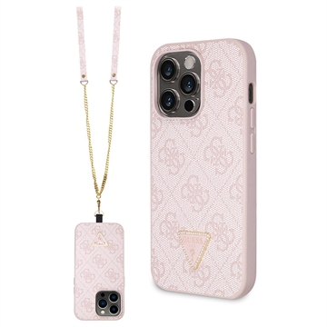 Capa com Alça Crossbody Guess 4G Strass Triangle Metal Logo para iPhone 15 Pro Max - Cor-de-Rosa