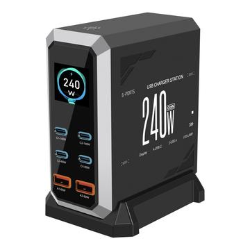 Estação de carregamento HHW 240W GaN de 6 portas USB-C com ecrã - 4xUSB-C, 2xUSB-A - Preto