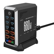 Estação de carregamento HHW 660W GaN de 10 portas USB-C com ecrã - 6xUSB-C, 4xUSB-A - Preto