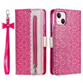 Bolsa tipo Carteira Lace Pattern para iPhone 14 - Rosa-Choque