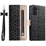Bolsa tipo Carteira Lace Pattern para iPhone 16 Plus - Preto