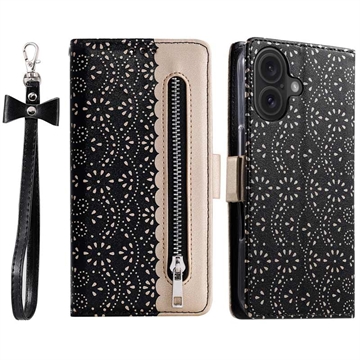 Bolsa tipo Carteira Lace Pattern para iPhone 16 Plus - Preto
