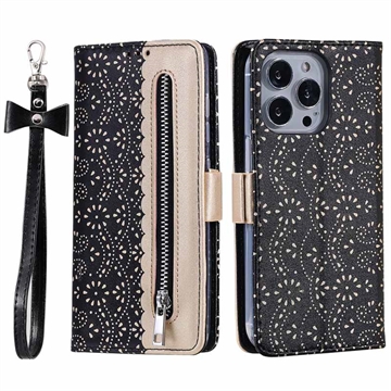 Bolsa tipo Carteira Lace Pattern para iPhone 16 Pro - Preto