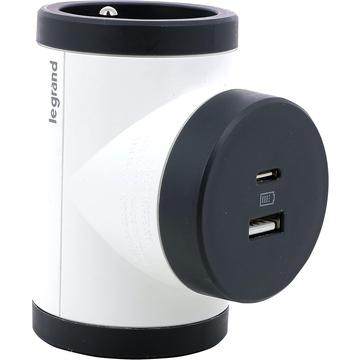 Legrand 049437 Bi-Plug rotativo com 2 tomadas 2P+T laterais e USB-A/USB-C - Branco / Cinzento escuro