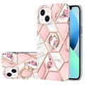 Capa de TPU Marble Pattern IMD para iPhone 15 com Suporte de Anel - Rosa / Branco