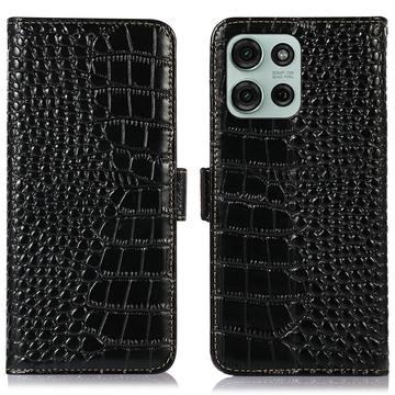 Bolsa de Pele Tipo Carteira Crocodile com RFID para Motorola Moto G75 - Preto