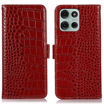 Bolsa de Pele Tipo Carteira Crocodile com RFID para Motorola Moto G75 - Vermelho