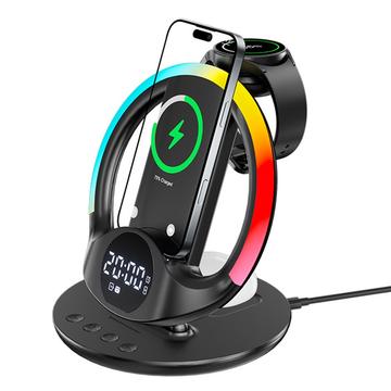 Suporte magnético de carregamento rápido N01 6 em 1 com despertador, controlo inteligente da temperatura e luz nocturna - Preto