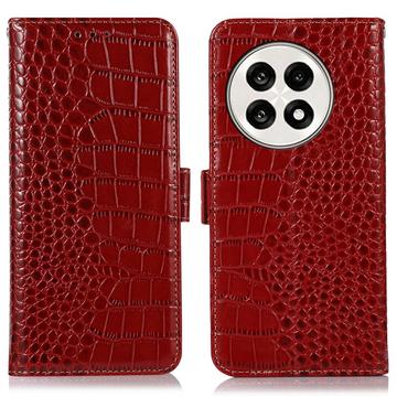 Bolsa de Pele Tipo Carteira Crocodile com RFID para OnePlus Ace 5/5 Pro/13R - Vermelho
