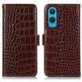 Bolsa de Pele Tipo Carteira Crocodile com RFID para OnePlus Nord CE4 Lite/Oppo K12x - Castanho