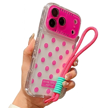 Capa PC / TPU para iPhone 17 Pro Max com película para lente e correia - Polka Dot - Rosa choque