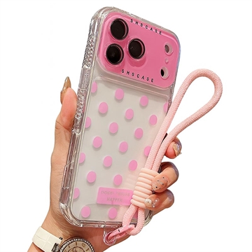 Capa PC / TPU para iPhone 17 Pro com película para lente e correia - Polka Dot - Rosa