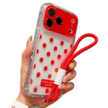 Capa PC / TPU para iPhone 17 Pro com película para lente e correia - Polka Dot - Vermelho