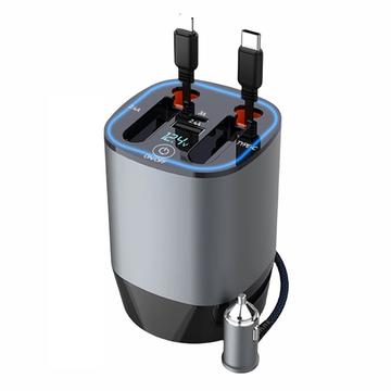 Carregador de isqueiro PT-17 PD 100W com cabos retrácteis Lightning/USB-C, visor de tensão e ambientador - Cinzento