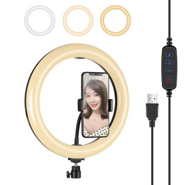 PULUZ PU397 Luz de vídeo fotográfica com anel LED de 10 polegadas e 3 modos reguláveis com clip para telemóvel para vlogging - Preto
