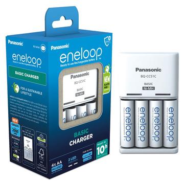 Carregador de pilhas Panasonic Eneloop BQ-CC51 com 4 pilhas AA recarregáveis 2000mAh