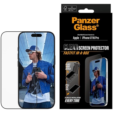 Protetor de ecrã iPhone 17/16 Pro PanzerGlass Ultra-Wide Fit com FastFit In-A-Box - 9H - Borda preta