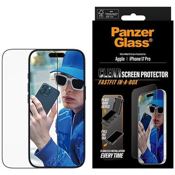 Protetor de ecrã iPhone 17 Pro PanzerGlass Ultra-Wide Fit com FastFit In-A-Box - 9H - Borda preta