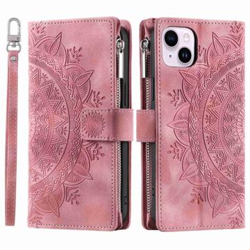 Bolsa Tipo Carteira Mandala Zíper para iPhone 14 Plus - Cor-de-Rosa Dourado