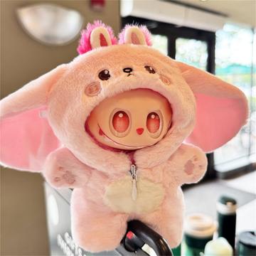 Macacão de pelúcia com capuz com tema de animais para boneca Labubu 17cm - Coelho