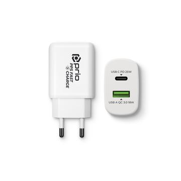 Carregador de parede rápido Prio PWC-1204 - 25W PD USB-C, 18W QC3.0 USB-A - Branco