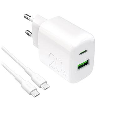 Carregador de porta dupla Puro Prolite 20W com cabo USB-C - Branco