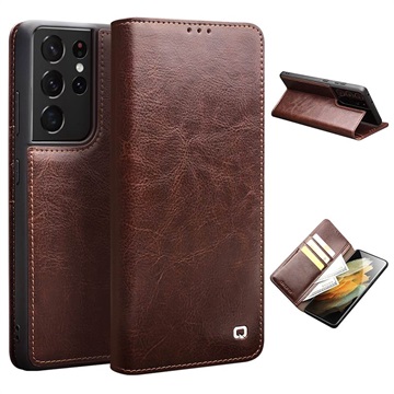 Capa de Pele Tipo Carteira Qialino Classic para Samsung Galaxy S21 Ultra 5G - Castanho