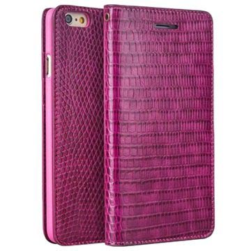 Capa de Pele tipo Carteira Qialino para iPhone 6 / 6S - Pele de Crocodilo - Cor-de-Rosa Choque
