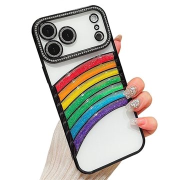 Capa híbrida arco-íris areia movediça para iPhone 17 Pro com decoração de câmara com strass
