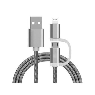 Cabo entrançado Reekin 2-em-1 - MicroUSB e Lightning - 1m - Prata