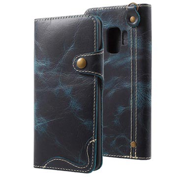 Capa Tipo Carteira Retro de Pele para Samsung Galaxy S9 - Azul