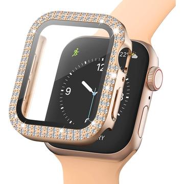 Caixa Decorativa com Strass de Vidro Temperado para Apple Watch SE (2022)/SE/6/5/4 - 44mm - Cor-de-Rosa Dourado