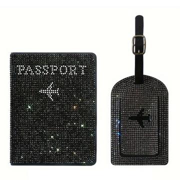 Conjunto de porta-passaportes e etiqueta de bagagem com strass