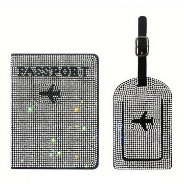 Conjunto de porta-passaportes e etiqueta de bagagem com strass - Branco