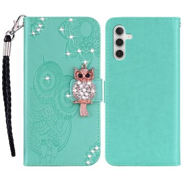 Samsung Galaxy A55 Capa para carteira com strass de coruja - Ciano