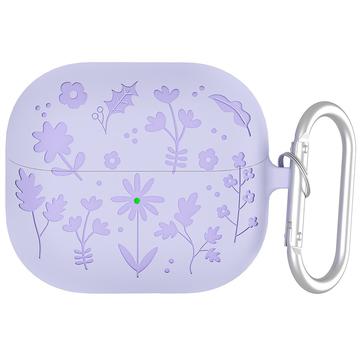 Samsung Galaxy Buds3/Buds3 Pro Capa de silicone líquido com padrão de flores e mosquetão - Roxo claro