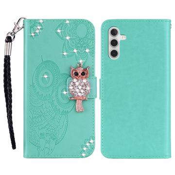 Samsung Galaxy S24 FE Capa para carteira com strass de coruja - Ciano