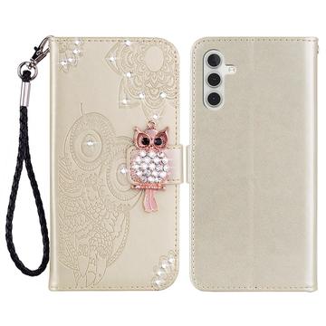 Capa de carteira com strass de coruja para Samsung Galaxy S24 FE - Ouro