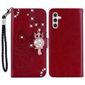 Capa de carteira com strass de coruja para Samsung Galaxy S24 FE - Vermelho