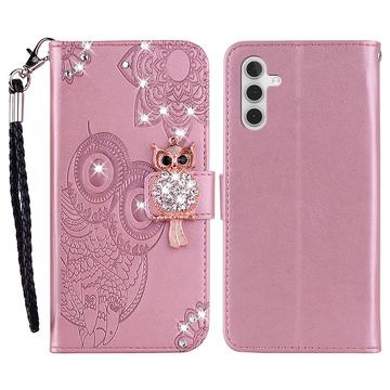 Capa de carteira com strass de coruja para Samsung Galaxy S24 FE - Cor-de-Rosa Dourado