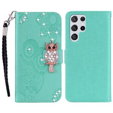 Samsung Galaxy S24 Ultra Capa para carteira com strass de coruja - Ciano