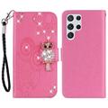 Capa para carteira Samsung Galaxy S24 Ultra Owl Rhinestone - Cor-de-Rosa Forte