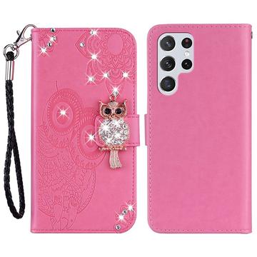 Capa para carteira Samsung Galaxy S24 Ultra Owl Rhinestone - Cor-de-Rosa Forte