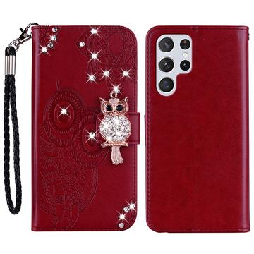 Capa de carteira com strass de coruja para Samsung Galaxy S24 Ultra - Vermelho