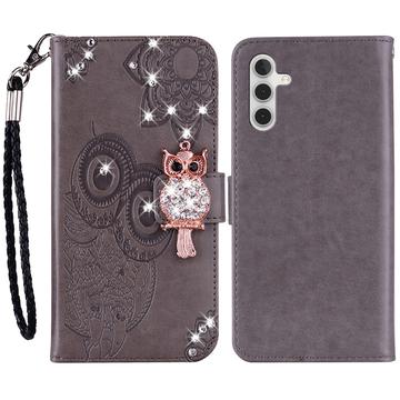 Capa para carteira Samsung Galaxy S24+ Owl Rhinestone - Cinzento