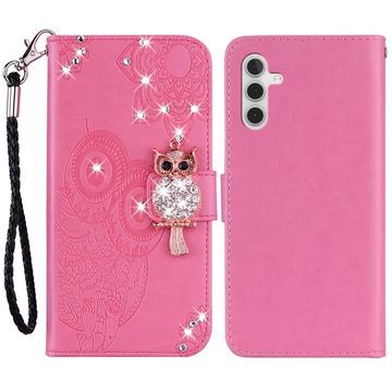 Capa para carteira Samsung Galaxy S24+ Owl Rhinestone - Cor-de-Rosa Forte