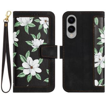 Capa de carteira floral para Samsung Galaxy S25 Edge com ranhuras para cartões - Preto